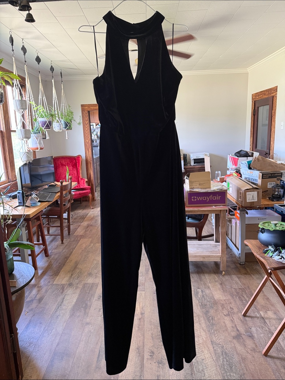 Black Velvet Halter Jumpsuit - Women's Elegant Evening Wear size L